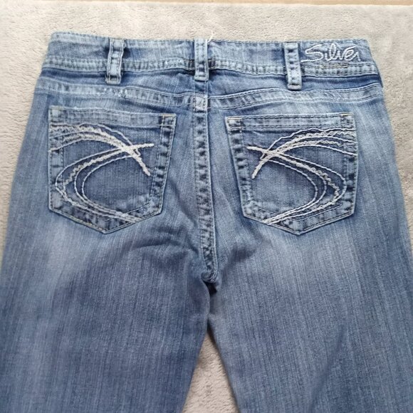 Silver Jeans Women's 32x31.5, Tag 30x32 Suki Bootcut Blue Stretch Distressed - Picture 4 of 15